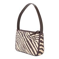 woven zebra pattern handbag with brown strap on white background