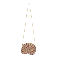 round woven sling bag with long strap on white background