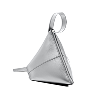 silver geometric crossbody bag on white background