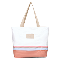 white and pastel striped tote bag on white background