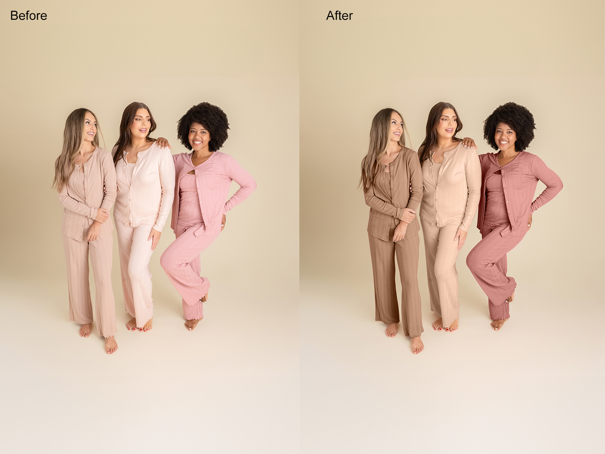 before and after clothing photo editing showing color consistency and tonal balance for ecommerce catalog