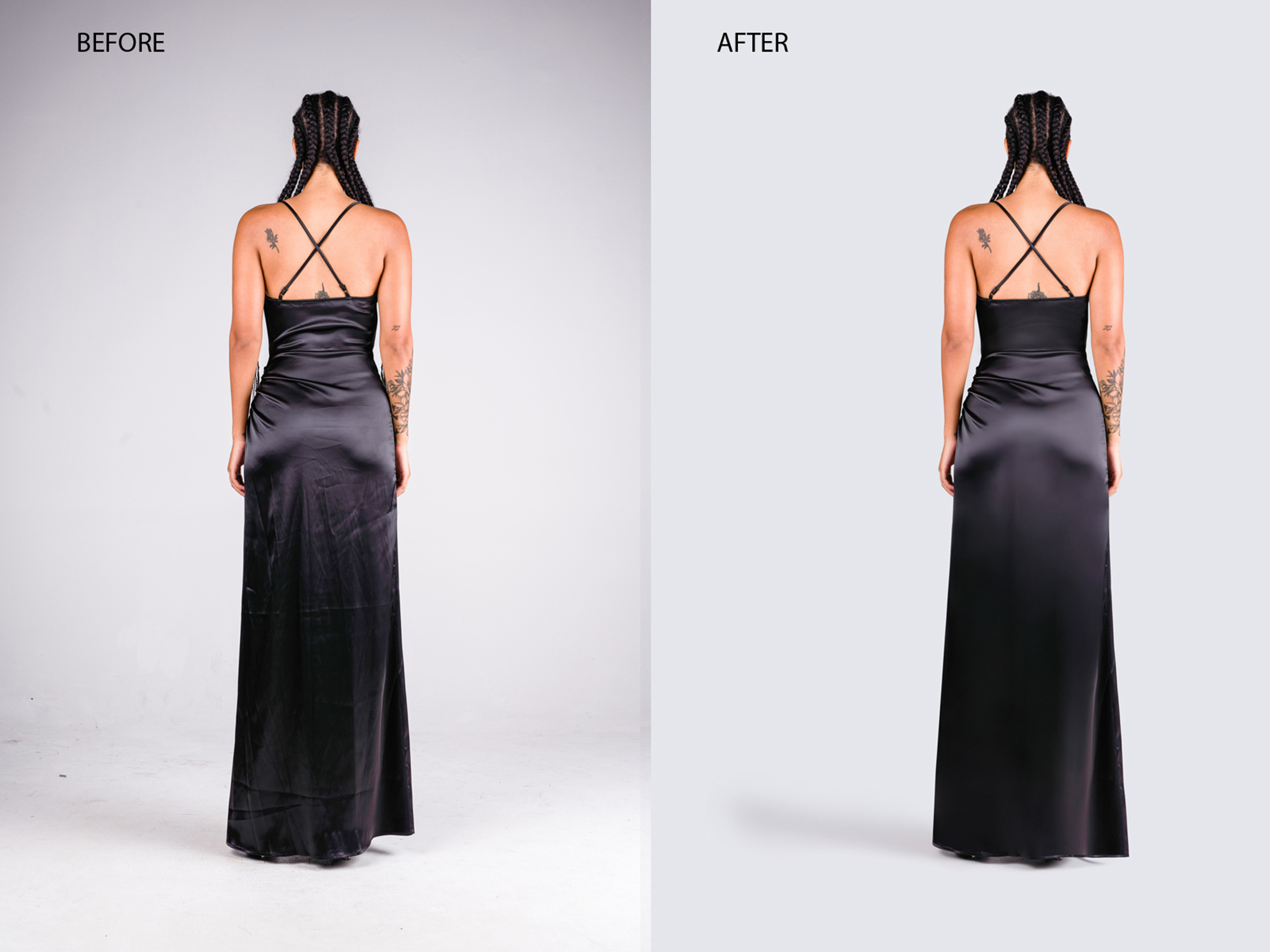 before and after clothing retouching with fabric smoothing, shadow correction, and detail enhancement