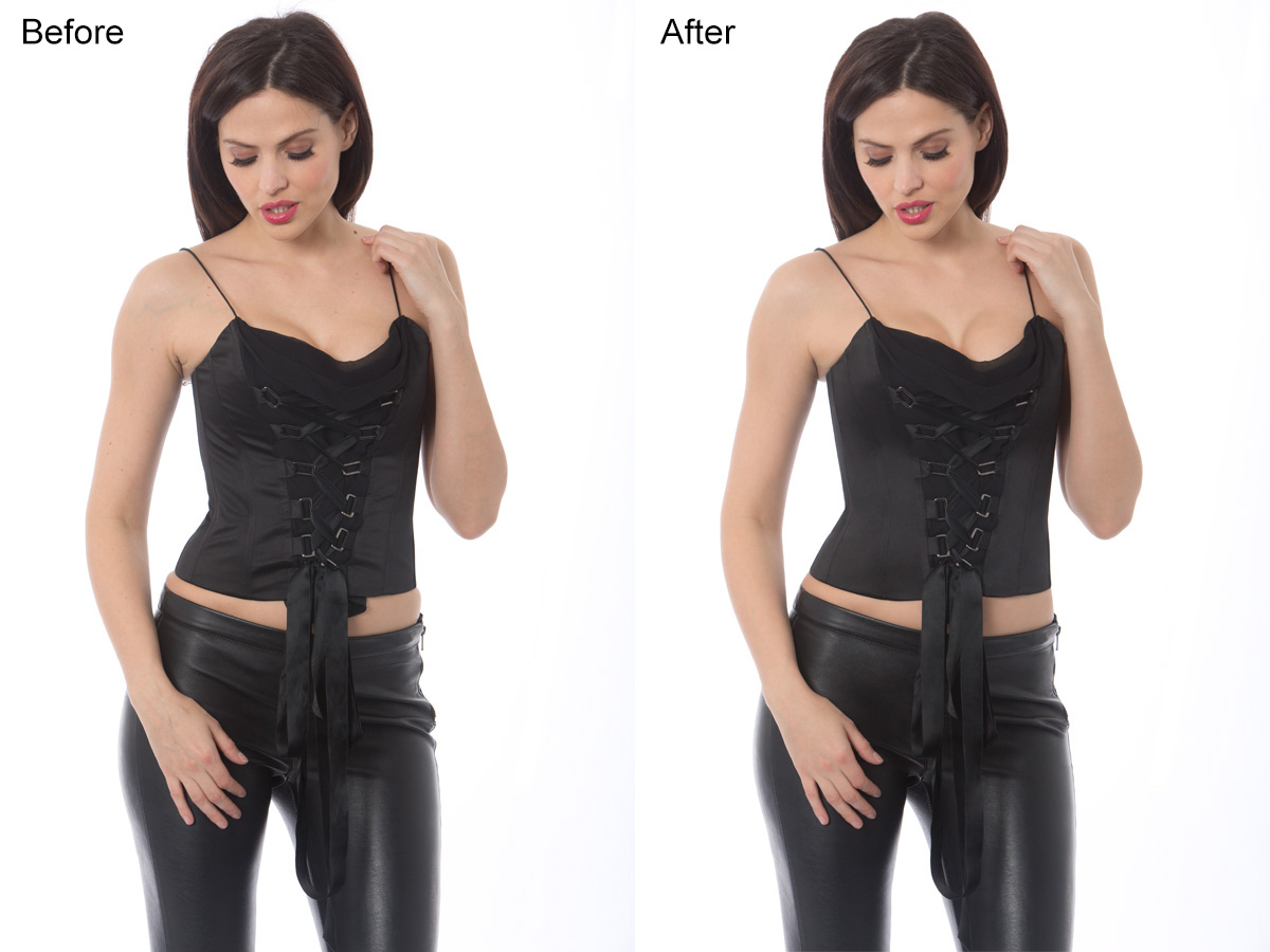 before and after fashion image editing with improved lighting, color balance, and garment detailing