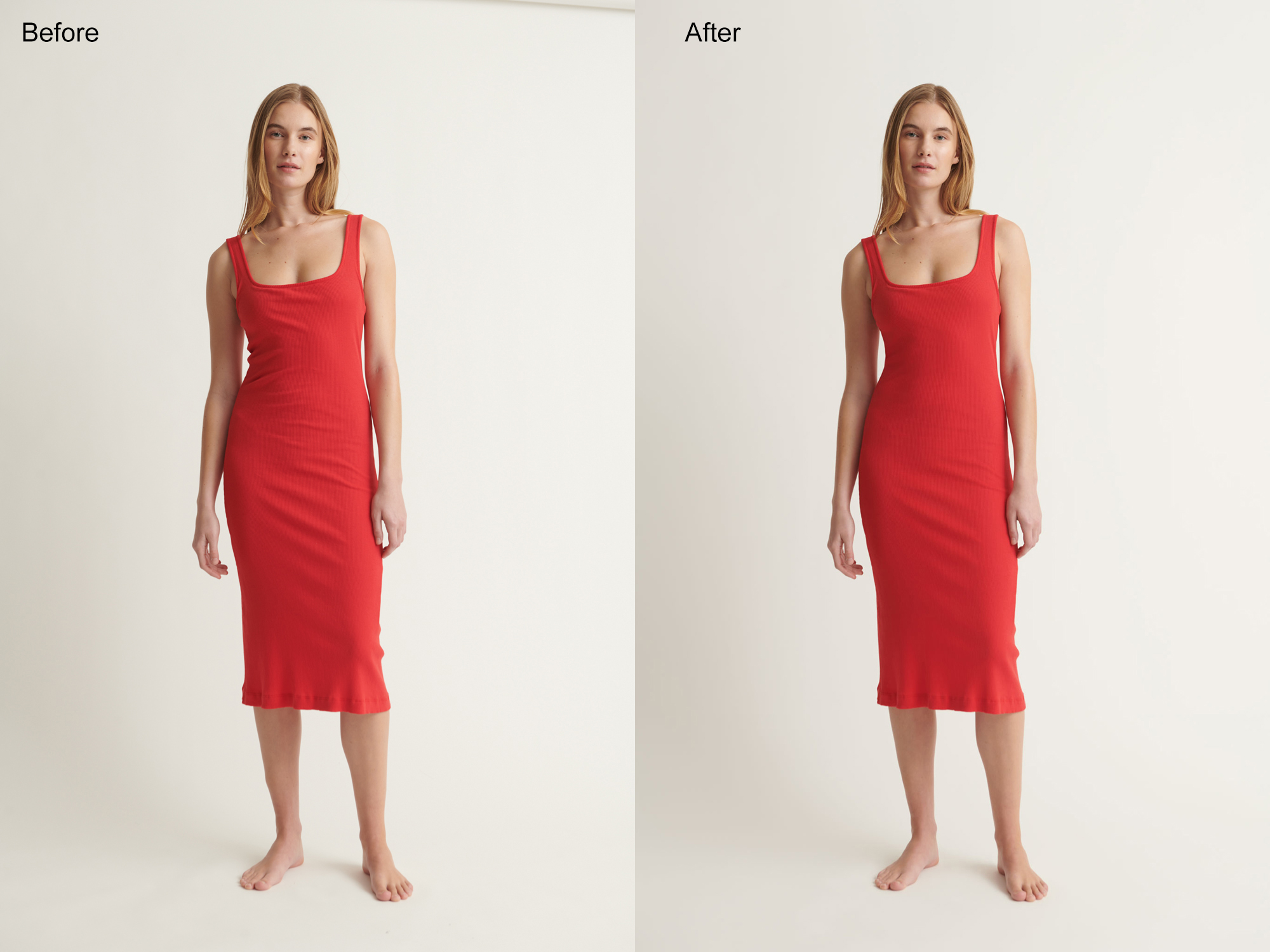 before and after clothing image editing with color correction, wrinkle removal, and clean background
