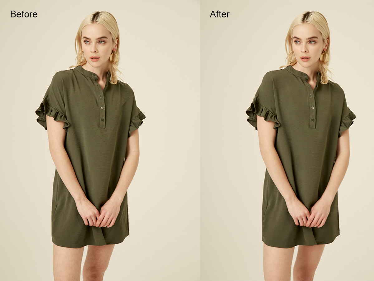 before and after apparel photo editing with lighting adjustment and fabric detail enhancement