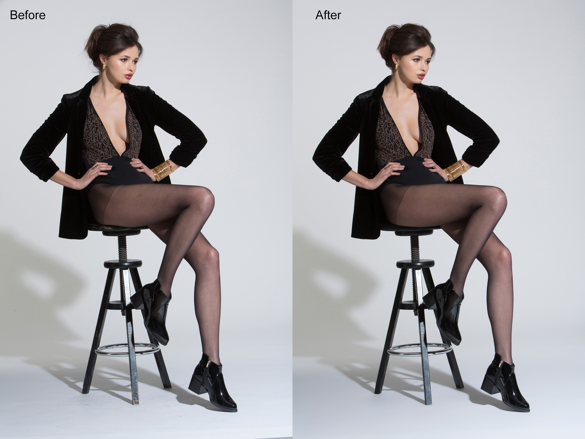 before and after clothing photo retouching with skin refinement, lighting correction, and fabric detail enhancement