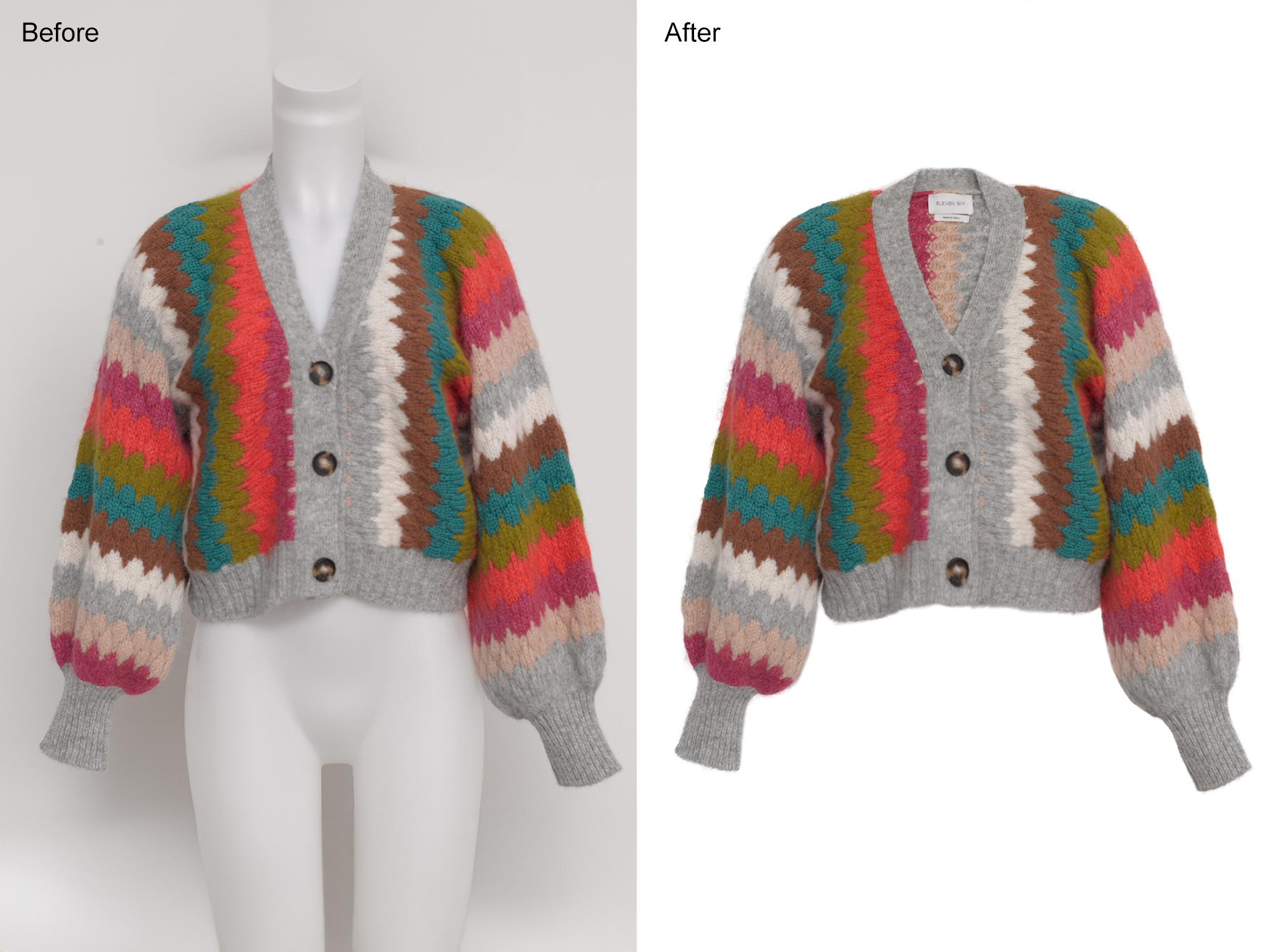 before and after apparel image editing with color correction, dust removal, and texture enhancement
