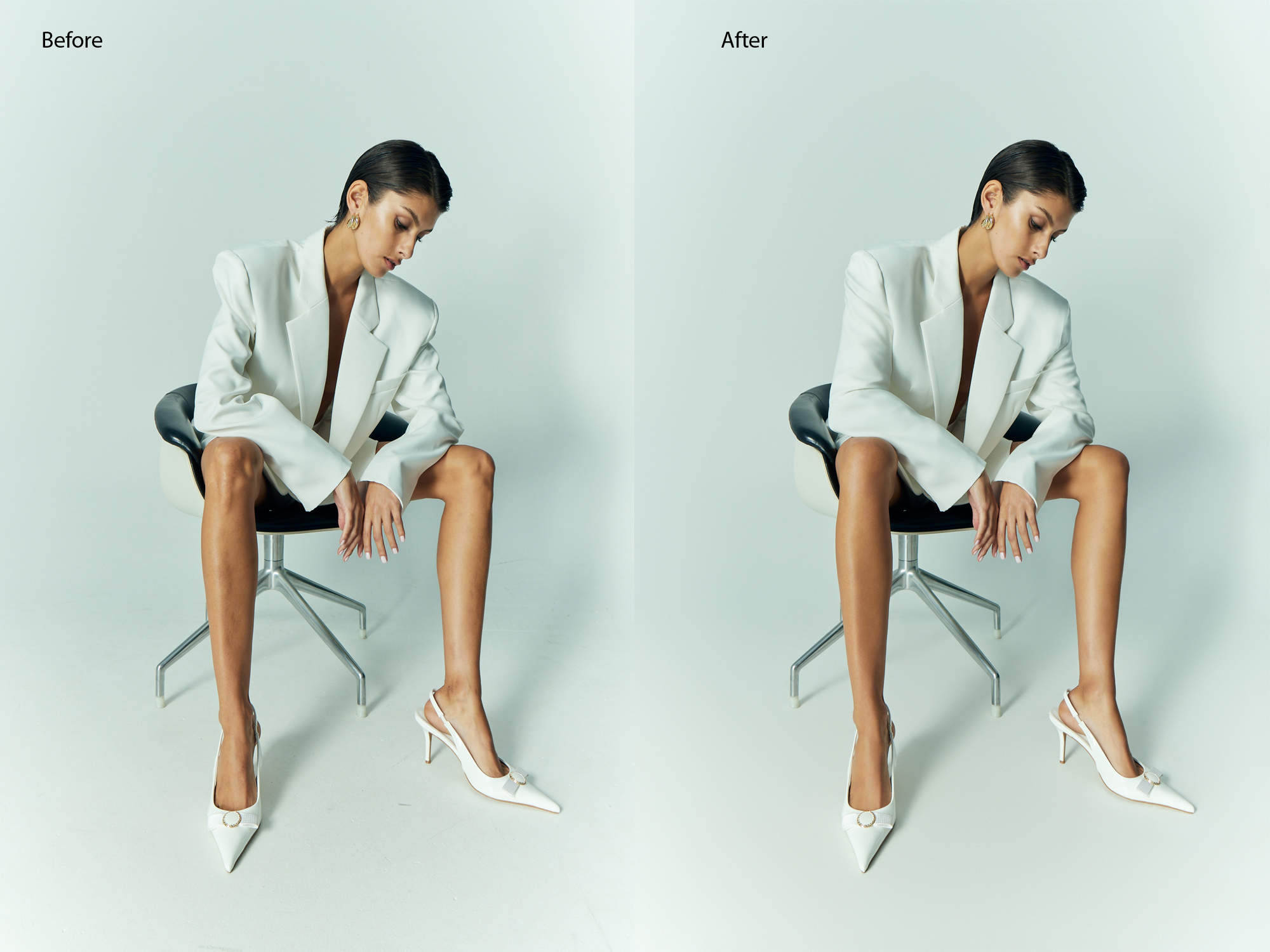 white heel product image featuring footwear retouching with clean background and edge precision for product pages