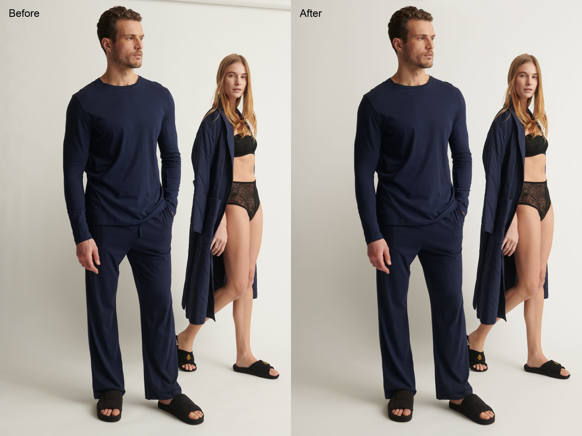 noticeable improvement in garment alignment with wrinkles removed and structure stabilized across coordinated sets