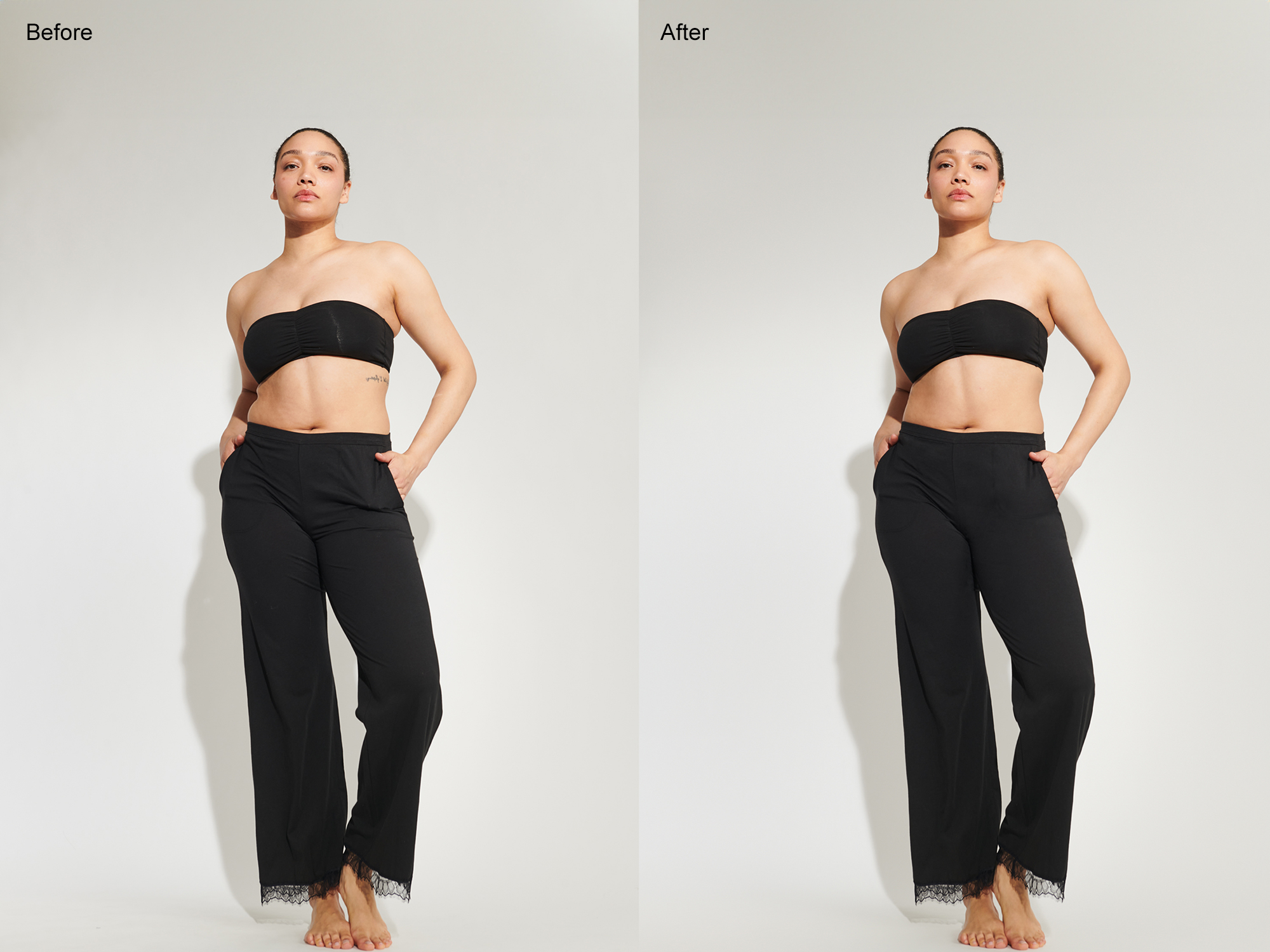 garment positioning shown with improved contour definition creating a polished fashion presentation