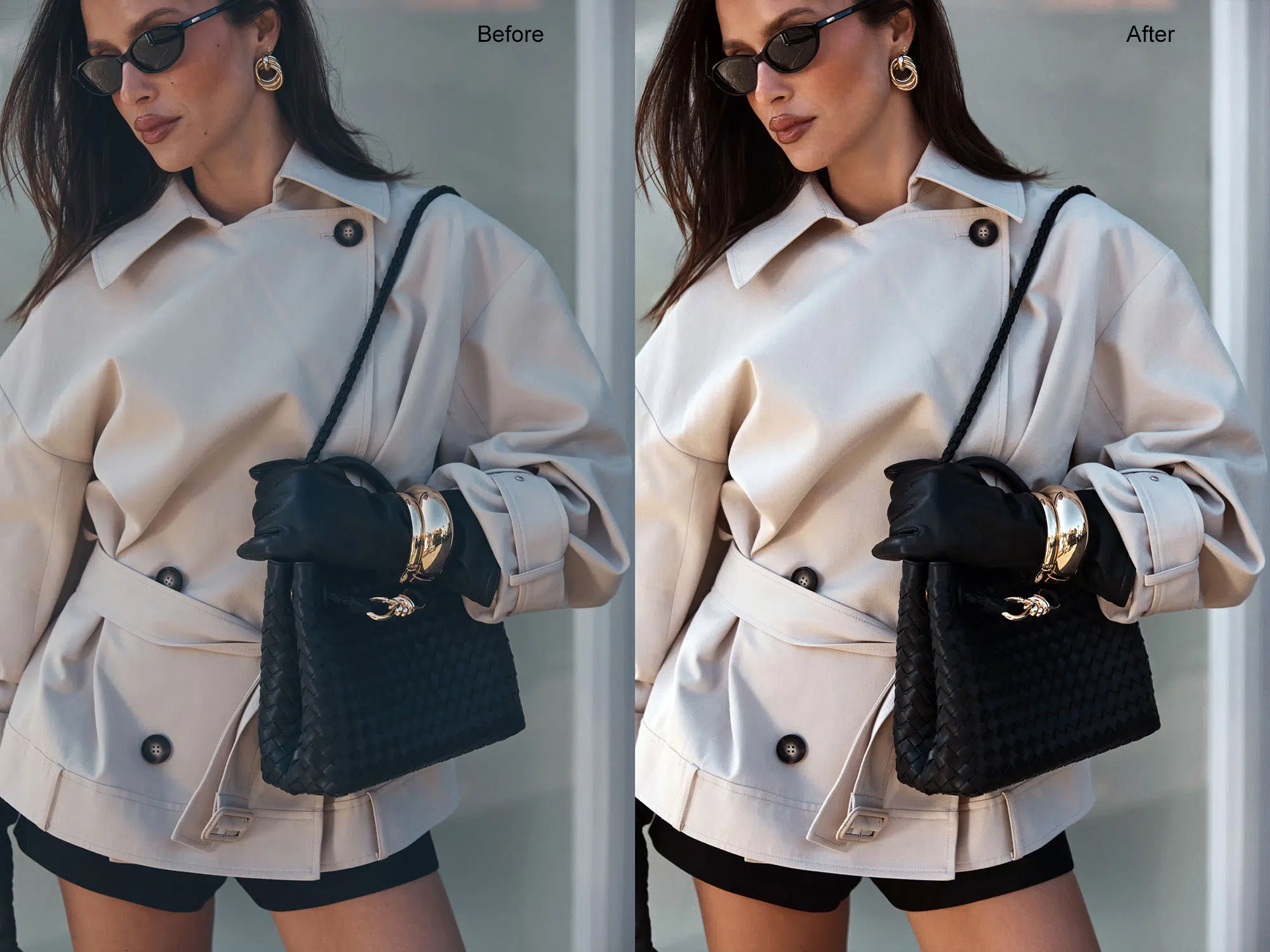 side-by-side refinement showing handbag cleanup with dust removal, improved texture clarity and balanced shadows for ecommerce product pages