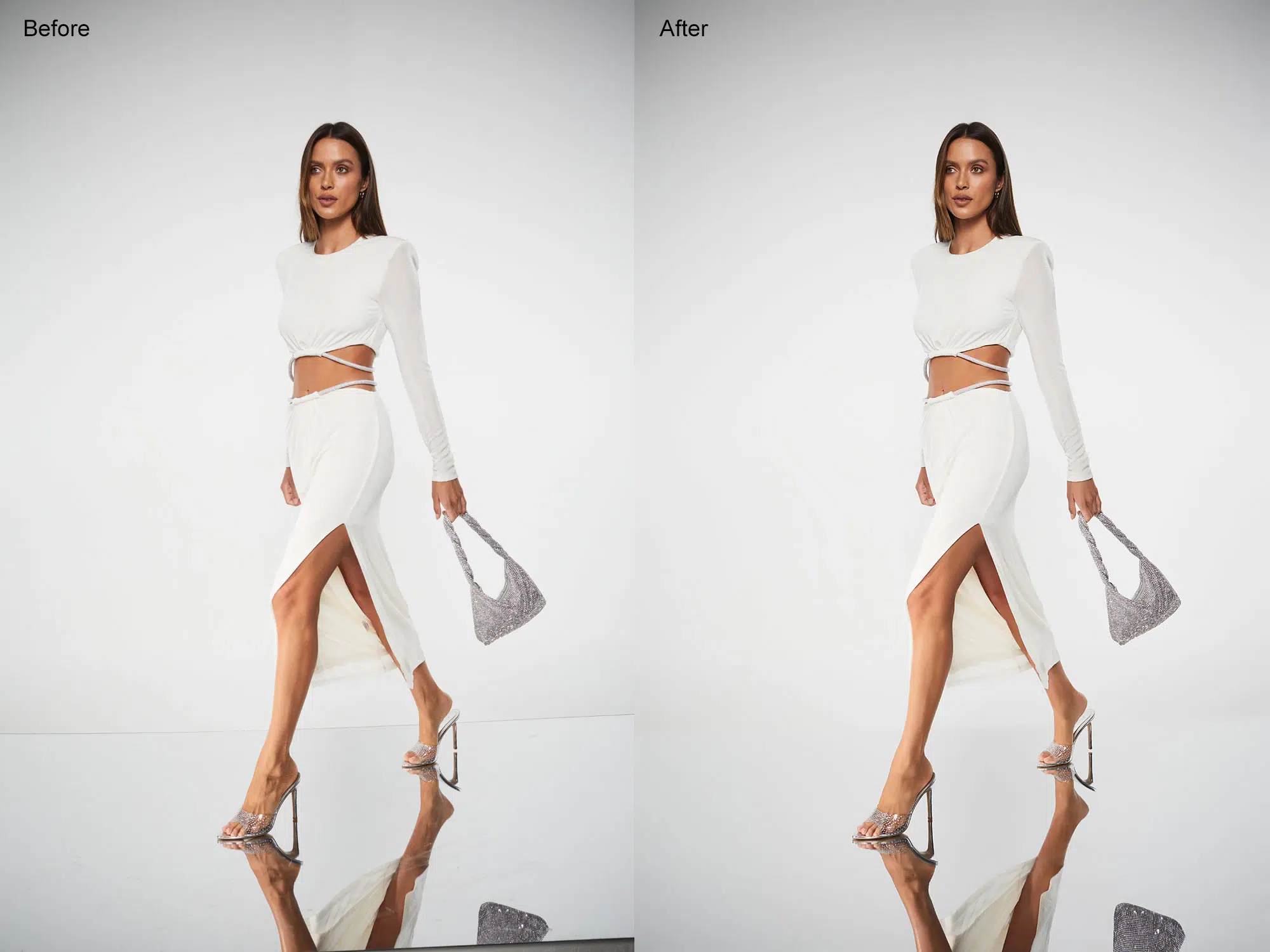 edited handbag presentation correcting exposure imbalance and reflections with enhanced metallic detailing for catalog-ready visuals