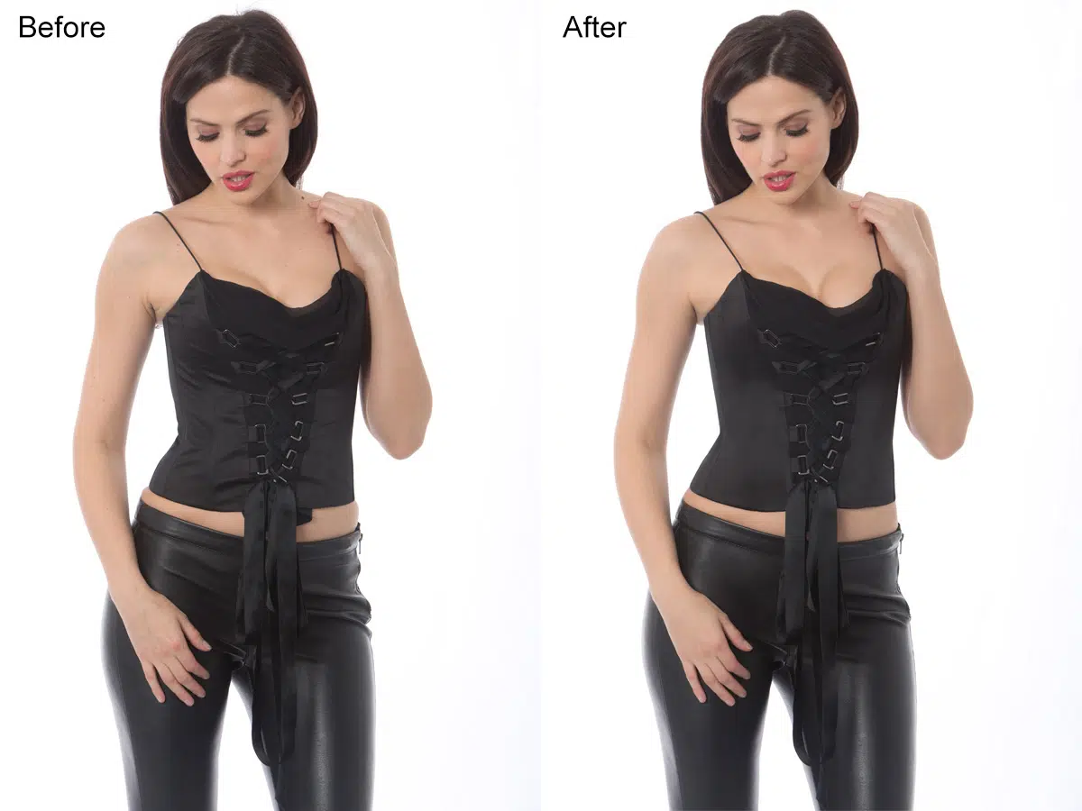 high-detail model retouching with natural skin polish and garment edge refinement
