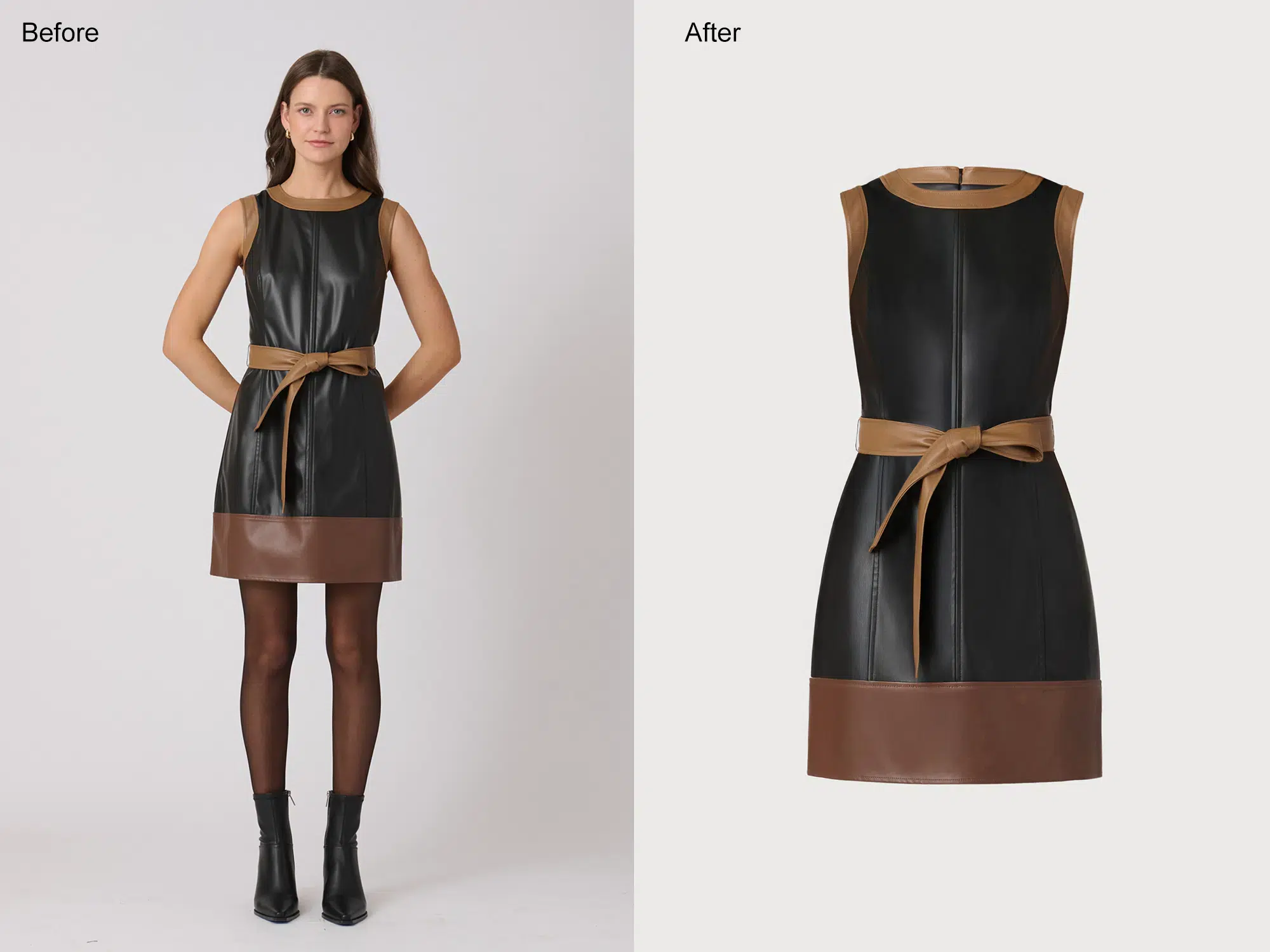designer leather dress refinement with crease smoothing and tonal calibration for ecommerce