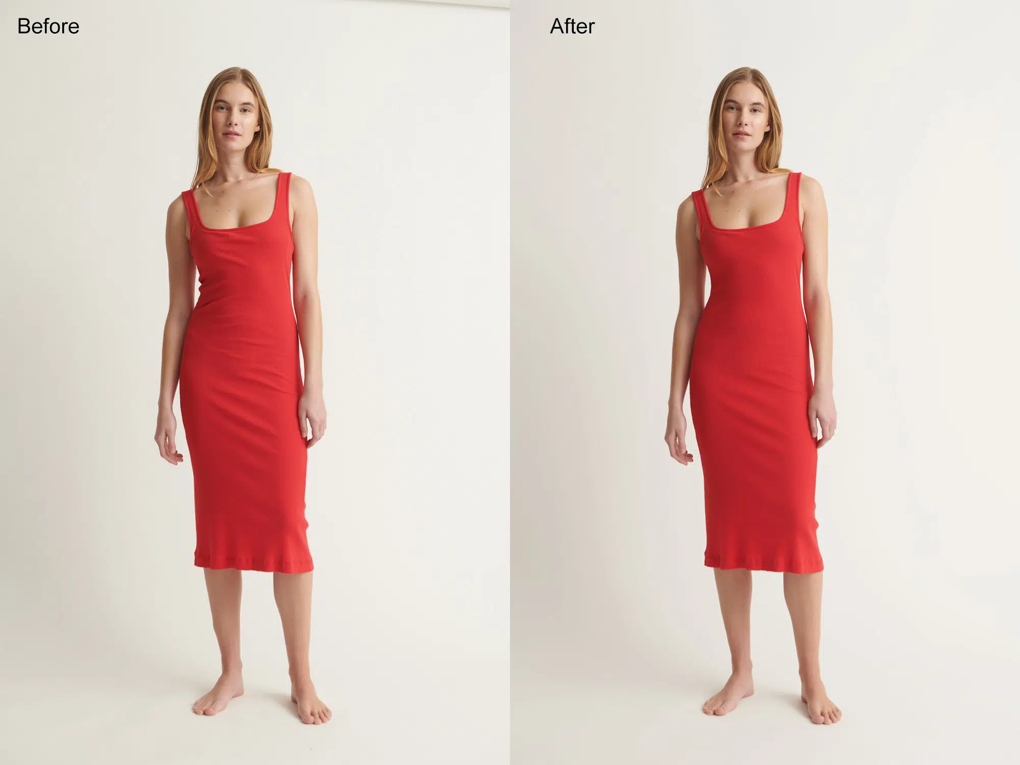 red dress enhancement with vibrancy boost and ecommerce-ready finish