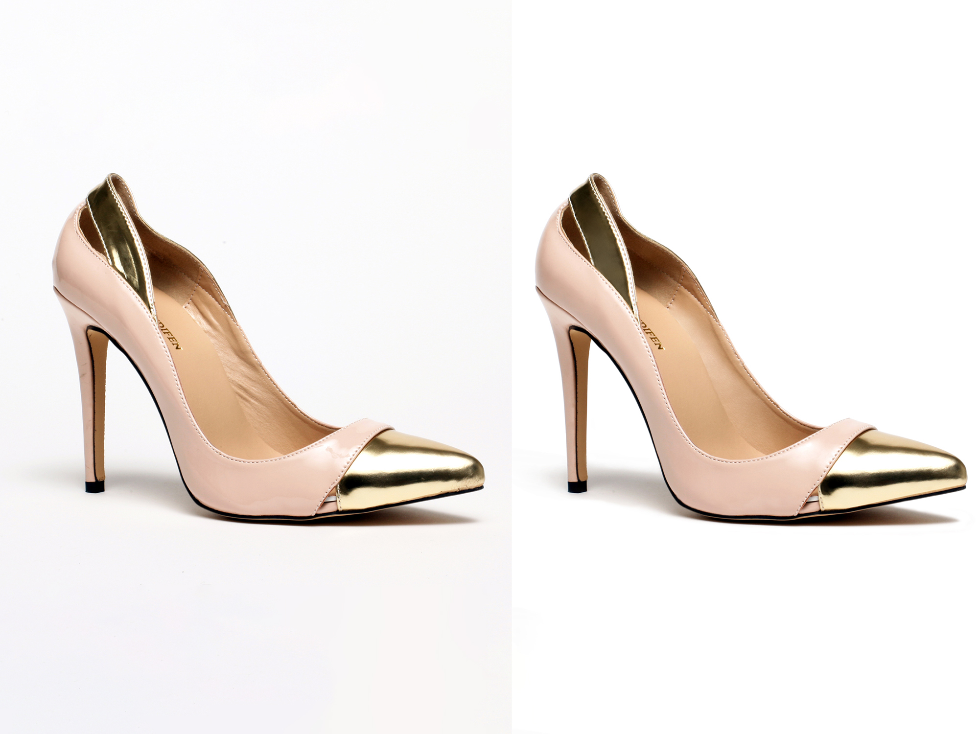 gold pointed heels product image showing footwear retouching with shine balance and refined detailing