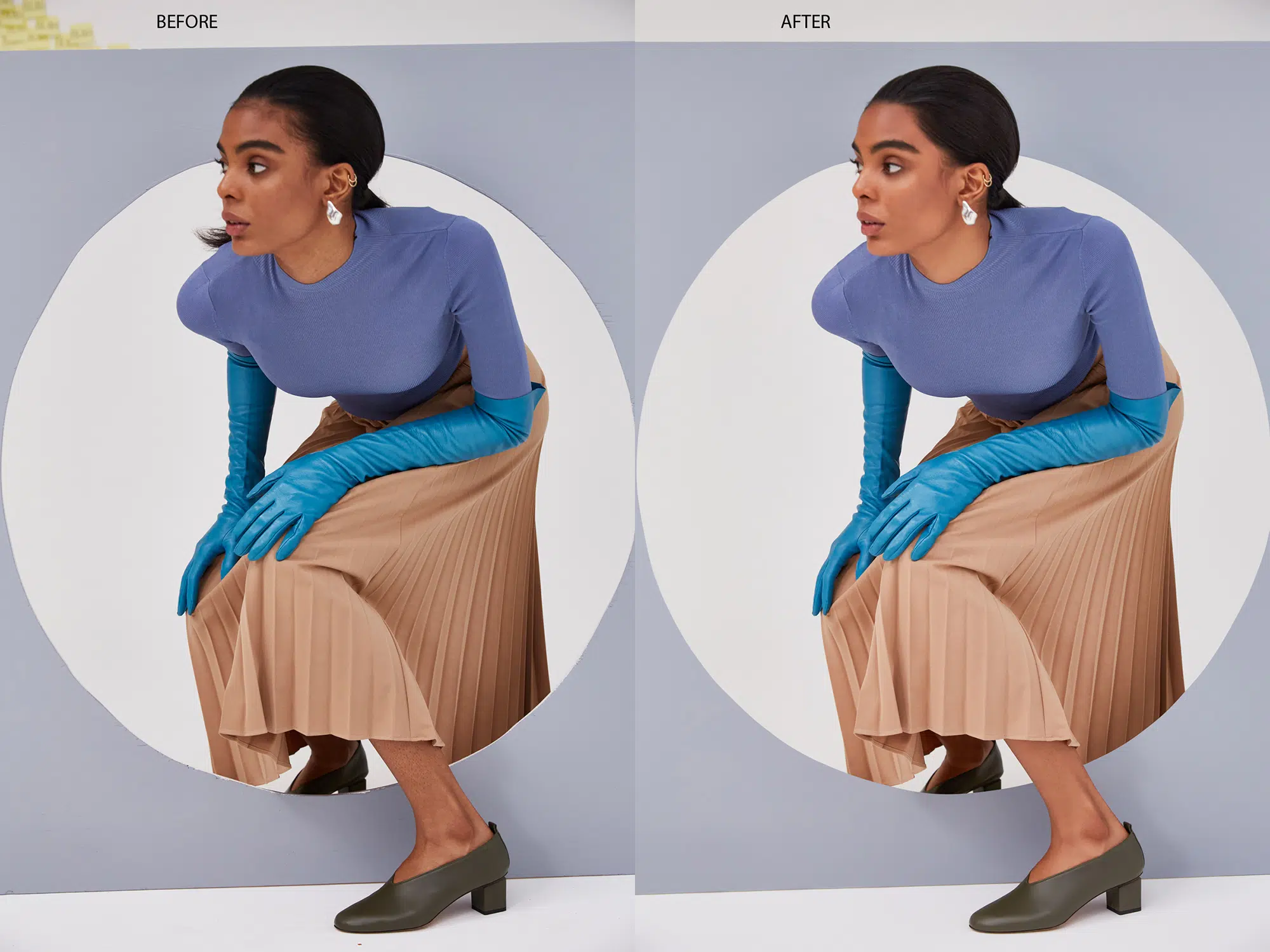 editorial model wearing footwear retouched with skin refinement and balanced lighting for campaign visuals