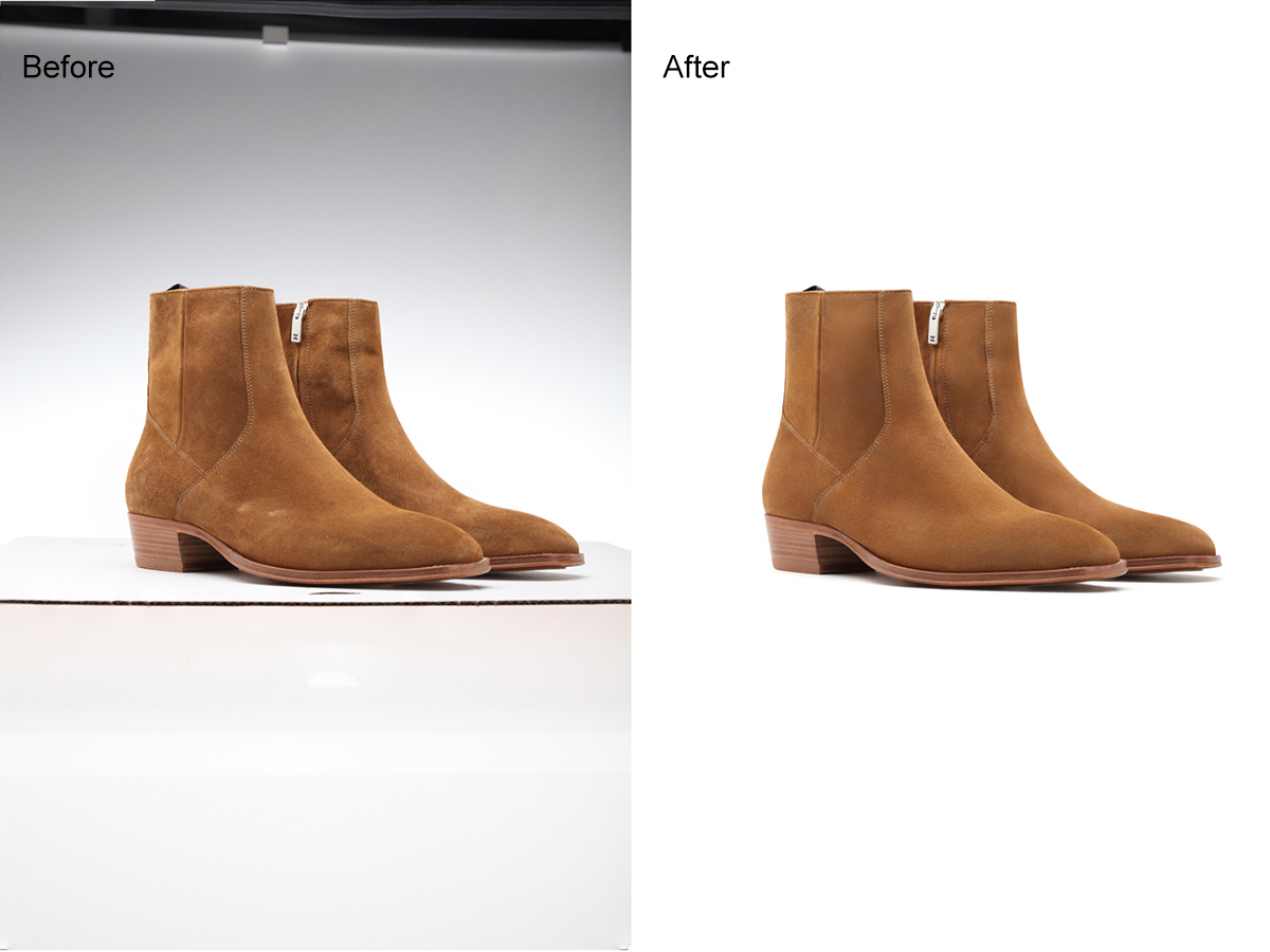suede boots product image after shoe image editing with lint removal and texture clarity for ecommerce listings