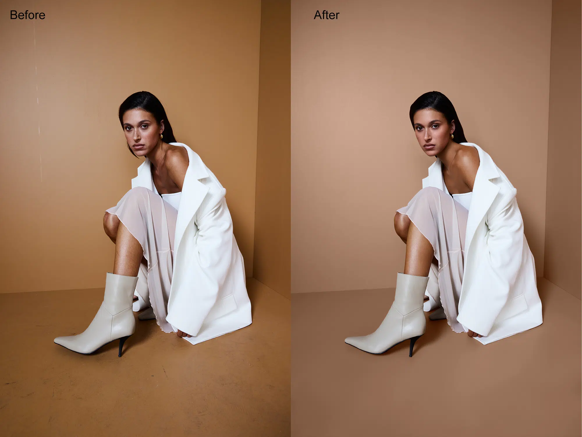 white boots in editorial scene refined with tonal balance and floor cleanup for lookbook visuals