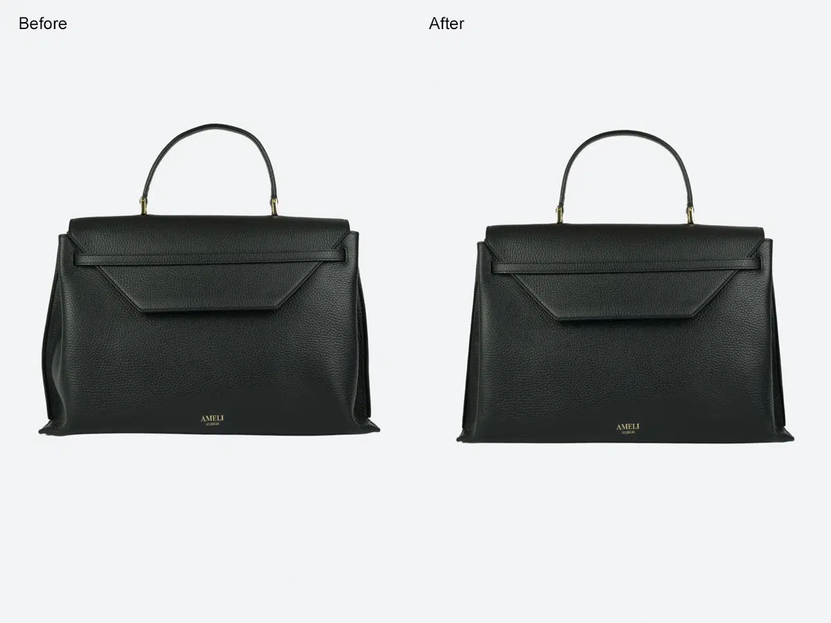 designer handbag refinement reflecting leather enhancement, crease smoothing and hardware detailing for campaign visuals