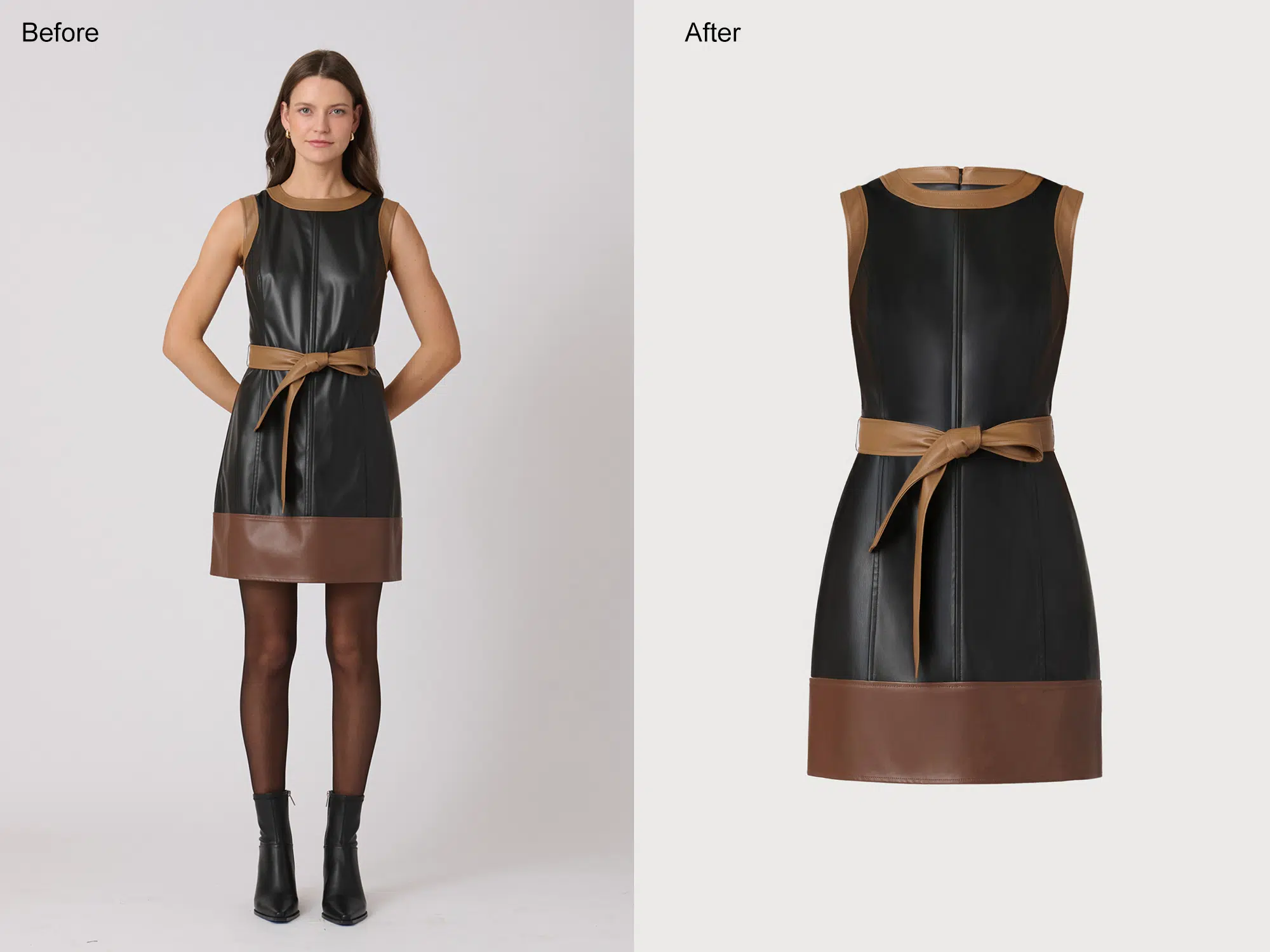 leather dress cleanup with crease correction and tonal refinement