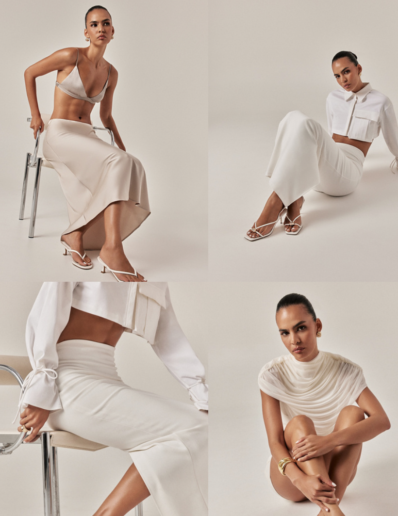Fashion editorial collage featuring models in coordinated white apparel