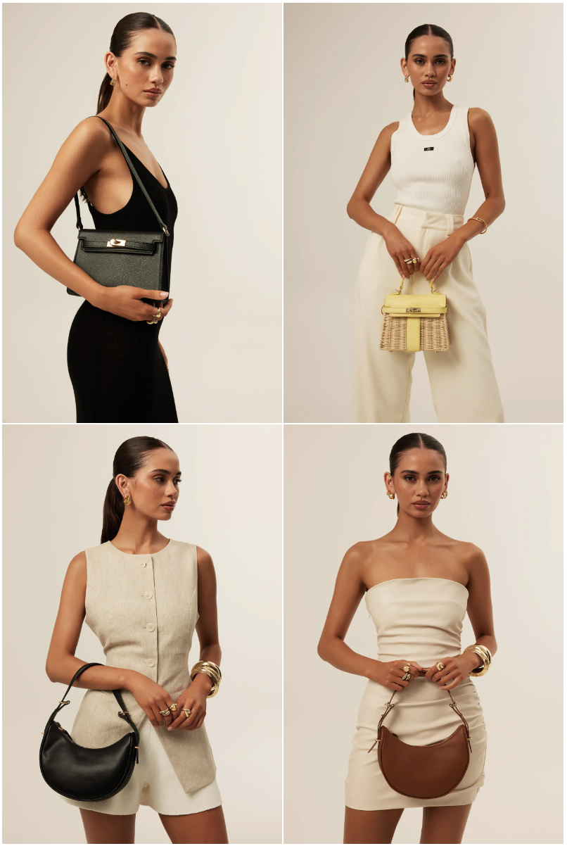 Fashion collection collage with coordinated color tones across models, clothing and accessories