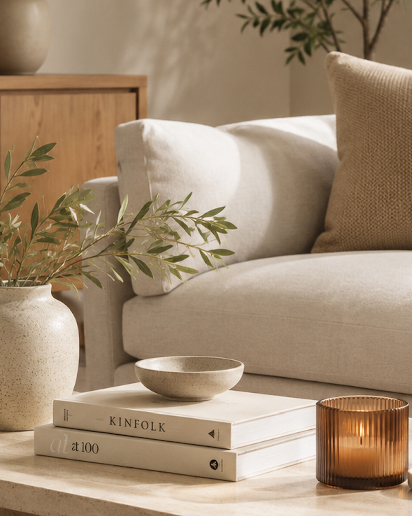 Styled home interior with balanced natural tones and color correction for lifestyle product photography