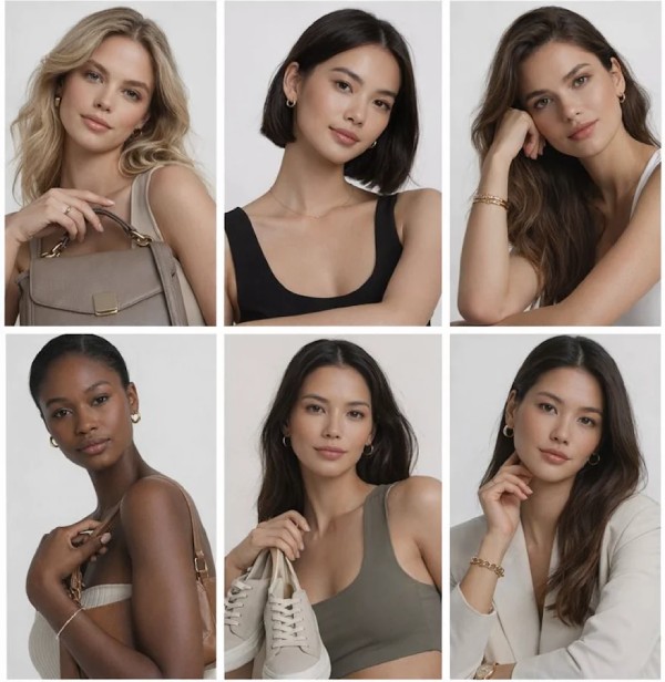 Multiple models with balanced skin tones for consistent color across a fashion catalog image set