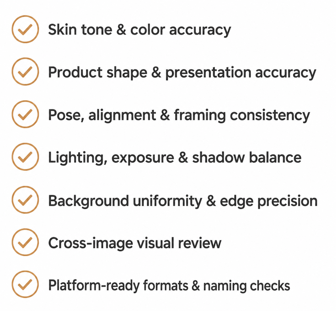 Quality control checklist covering skin tone, product shape, framing, lighting, backgrounds, and delivery