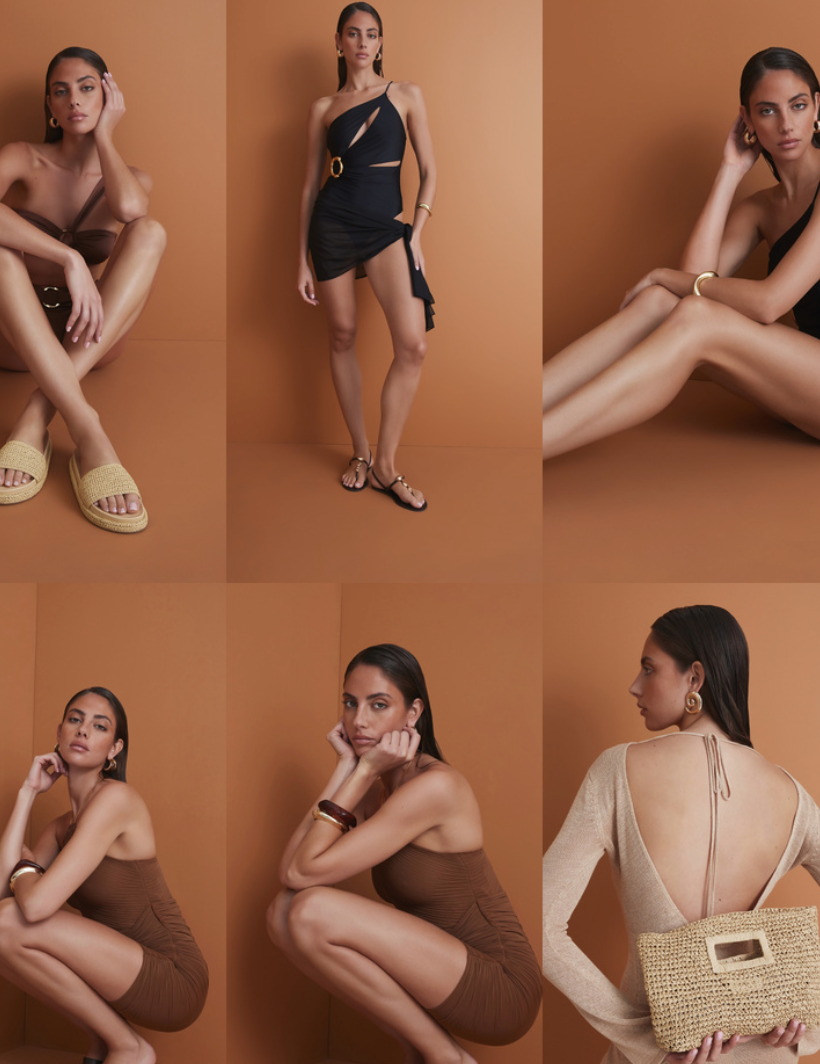 Fashion collection collage showing model poses, dresses, sandals, and handbags