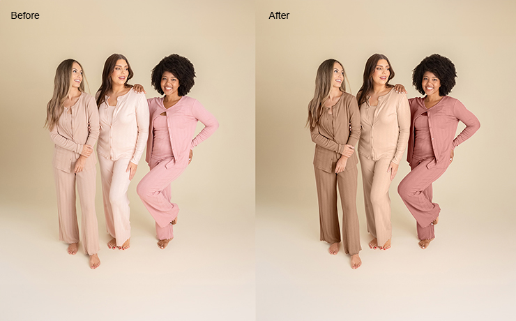 Before and after fashion image showing corrected clothing colors, natural skin tones and balanced overall exposure