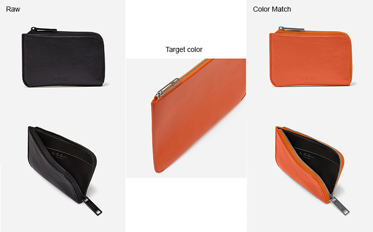 Leather pouch matched to a target orange color while preserving grain, stitching, shape and realistic material texture